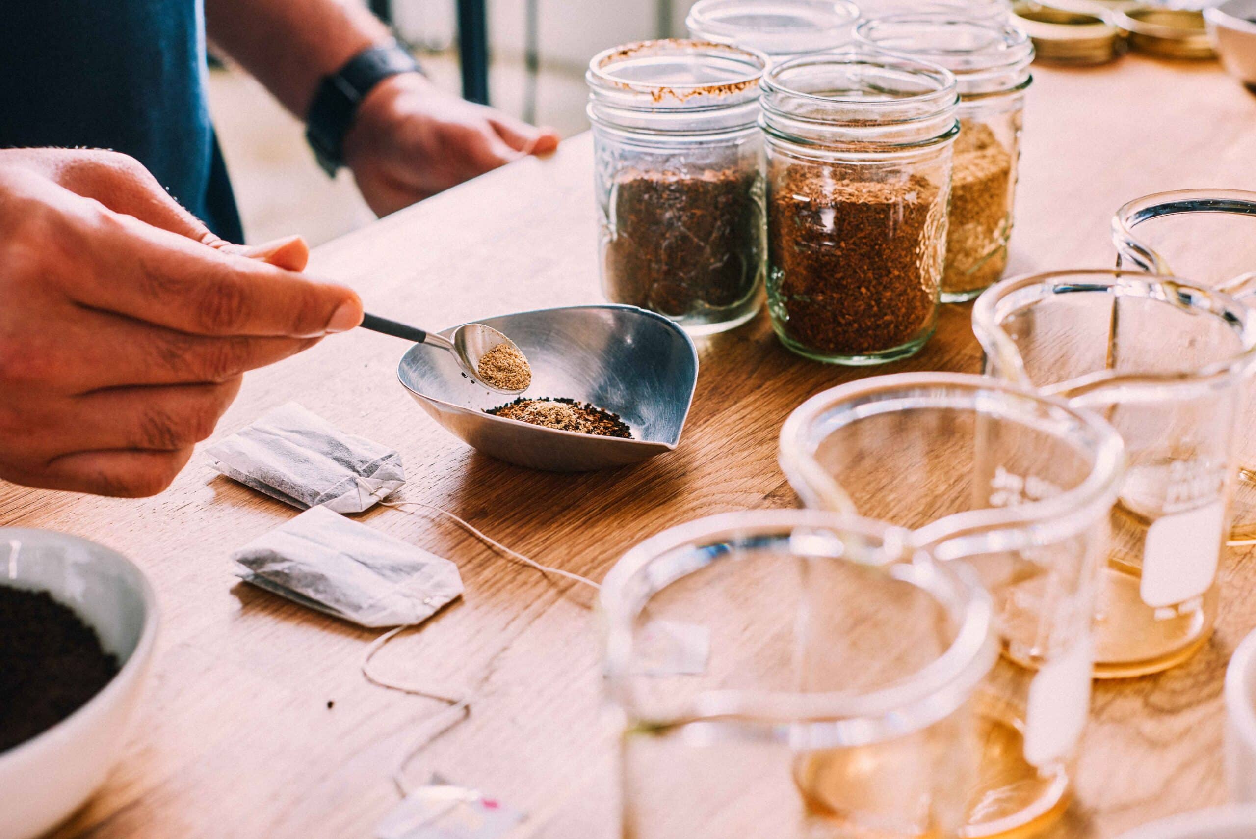 Tea and beakers in a lab